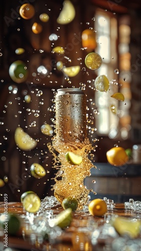 Glass of beer with splash on wooden table  blurred background with warm lights.