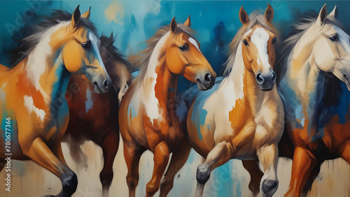 Abstract oil painting style of seven horses  paint spots and strokes. Large stroke oil painting  mural  art style  animals