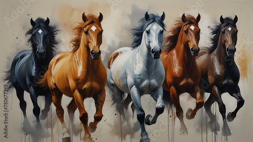 Abstract oil painting style of seven horses, paint spots and strokes. Large stroke oil painting, mural, art style, running photo