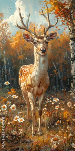 Majestic deer surrounded by vibrant flowers in an enchanting forest scene.