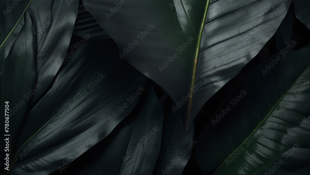 Fototapeta premium Textures of abstract dark black leaves of tropical leaf background. Flat lay, dark nature concept, tropical leaf, dark background, leaf