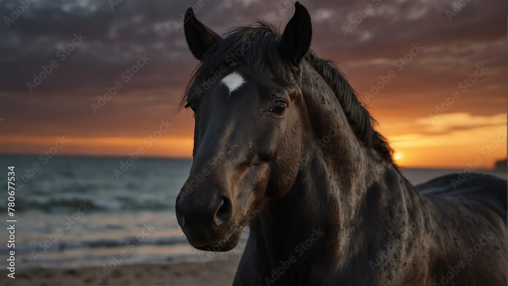 black horse closeup portrait looking on camera at dram -b-dd-a-cfeaaclose-up portrait looking on camera at dramatic sunset on beach background from Generative AI black horse closeup portrait looking on camera at dram -b-dd-a-cfeaaclose-up portrait looking on camera at dramatic sunset on beach background from Generative AI