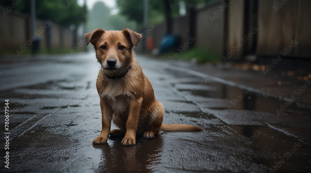 Stray homeless dog Sad abandoned puppy sitting alone in the street under rain. Dirty wet lost dog outdoors, street