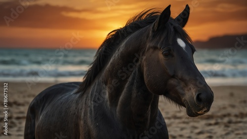 black horse closeup portrait looking on camera at dram ae-c-c-d-eebbaclose-up portrait looking on camera at dramatic sunset on beach background from Generative AI
