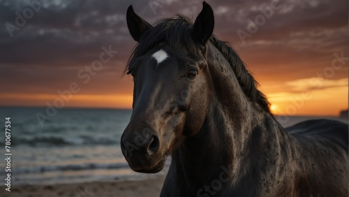 black horse closeup portrait looking on camera at dram -b-dd-a-cfeaaclose-up portrait looking on camera at dramatic sunset on beach background from Generative AI