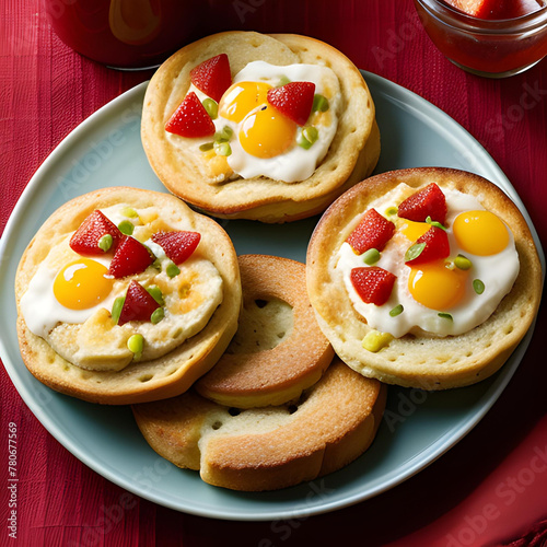 Unas pequeñas tostadas con huevos fritos y trocitos de tomate, de apariencia apetitosa photo