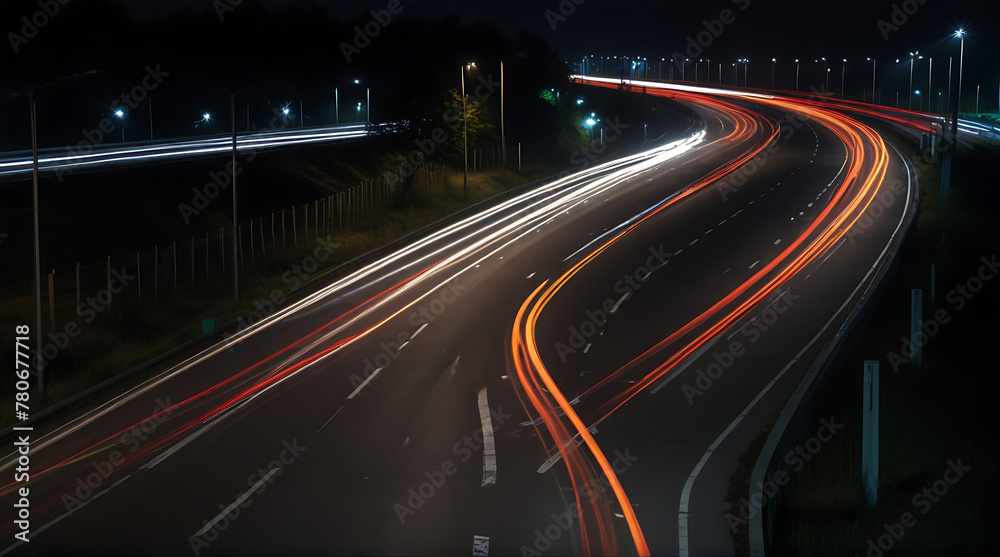 Cars lights on the road at night time, Timelapse, hyperlapse of transportation. Motion blur, light trails glowing lines, busy