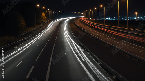 Cars lights on the road at night time, Timelapse, hyperlapse of transportation. Motion blur, light trails glowing lines, traffic
