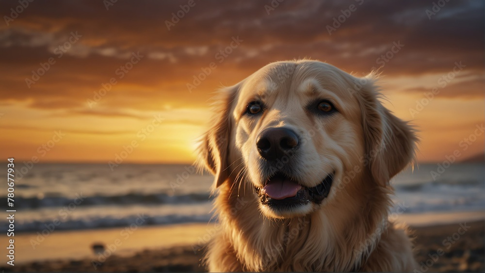 Obraz premium golden retriever dog closeup portrait looking on came bbe-c-fce-bc-bedeclose-up portrait looking on camera at dramatic sunset on beach background from Generative AI