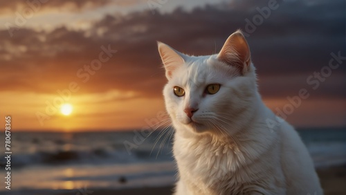 white cat closeup portrait looking on camera at dramat ecef-e-ce-bbad-bclose-up portrait looking on camera at dramatic sunset on beach background from Generative AI