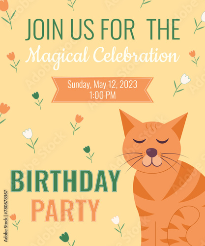 Cute birthday invitation with a cute cat
