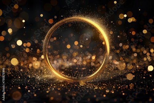 Abstract golden ring frame with glowing particle on a black background. Generate AI image