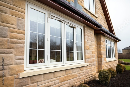 Contemporary White PVC UPVC Windows on Traditional Sandstone House Exterior in a Suburban Setting © Digital Dreamscape