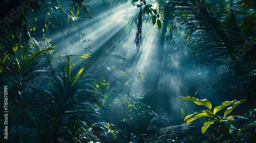 capture a dark rainforest scene with sun rays filtering through the dense foliage  creating a mystical atmosphere