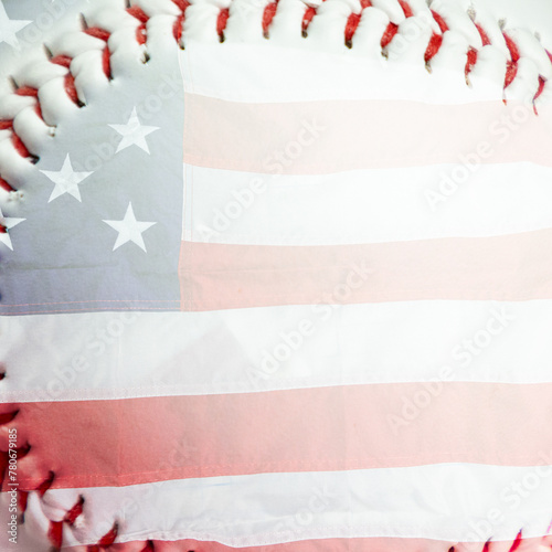 Red stitches of baseball with American flag