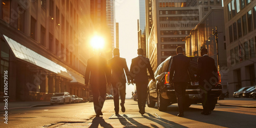 Urban professionals walking together under the beautiful sunset in the cityscape, downtown skyline in the background