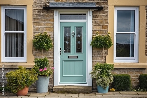 Elegant Teal PVC Door with Stained Glass and White UPVC Windows on a Classic Home