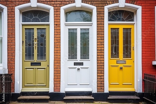 Vibrant Trio of Olive, White, and Yellow PVC Doors on Classic Red Brick Townhouse