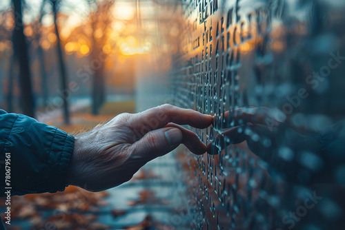 A close-up photo of veteran's hand gently touching the engraved names on a memorial wall at dusk, reflective and emotional, soft focus background. Veterans Day concept photo