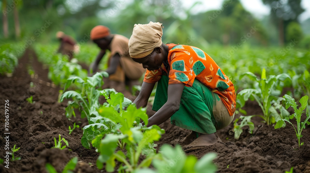 Fototapeta premium Farmers tending to crops