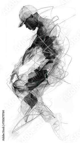 Abstract black and white illustration of a dynamic male athlete in motion with artistic ink splatter effects.