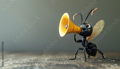 A cartoonish red and black ant is holding a microphone and making a loud noise by AI generated image