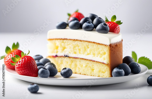 Delicious sponge cake with blueberry berries on a white kitchen background