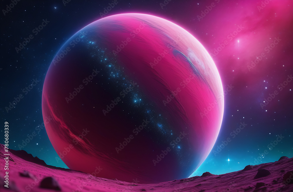 A large pink planet on the background of a starry cosmic sky. Beautiful fantastic background A large pink planet on the background of a starry cosmic sky. Beautiful fantastic background