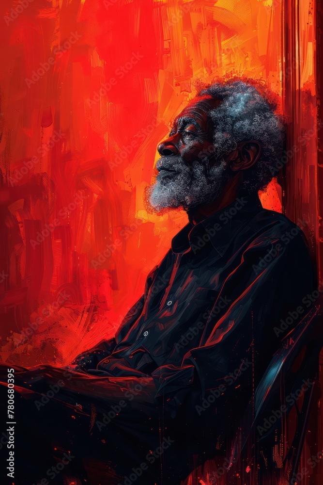 Portrait of an elderly man with a thoughtful expression, set against a vibrant red background, conveying deep contemplation or reminiscence.