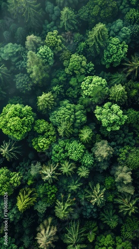 Aerial view of lush green forest canopy with various shades of green foliage, suitable for backgrounds or nature themes.