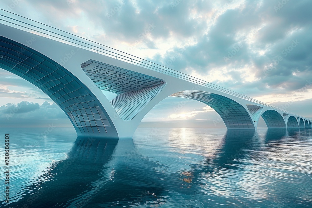 Obraz premium A modern steel arch bridge stretches over water, an enormous landmark.