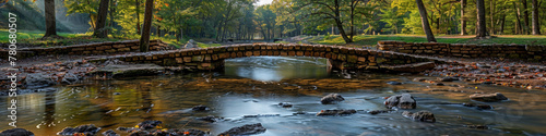 In a peaceful park, an old stone bridge spans a shallow summer stream.