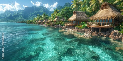 Majestic mountain rainforest meets serene shore with tiny romantic houses by turquoise lagoon.