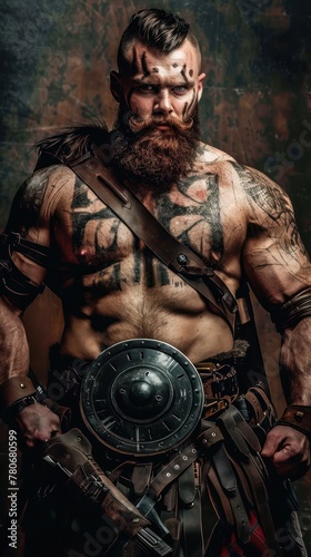 Majestic Viking warrior in traditional armor  holding a sword and shield  with a fierce expression  set against a moody  atmospheric backdrop.