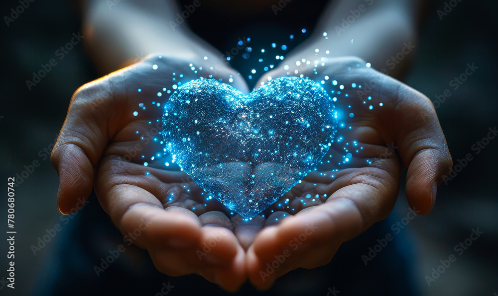 Illuminated blue heart-shaped digital network held in hands, symbolizing health data exchange, information visualization, and virtual love Illuminated blue heart-shaped digital network held in hands, symbolizing health data exchange, information visualization, and virtual love