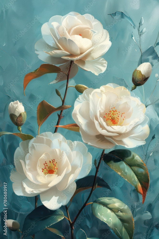 Elegant white roses with buds and green leaves, set against a soft blue background, accompanied by paintbrushes.