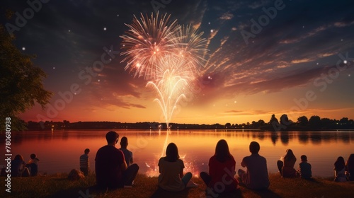 people with their backs to themselves sitting by a lake on a beautiful sunset
