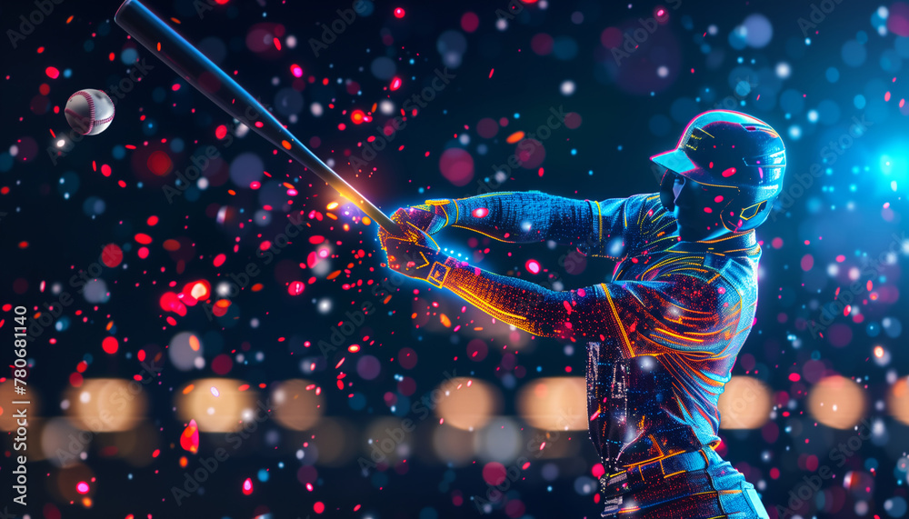 Naklejka premium Digital rendering of baseball player in neon-lit stadium, swinging bat at glowing ball amidst colorful particles. Captures dynamic energy of futuristic sports. Perfect for high-tech sports concepts.