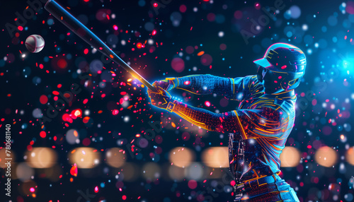 Digital rendering of baseball player in neon-lit stadium, swinging bat at glowing ball amidst colorful particles. Captures dynamic energy of futuristic sports. Perfect for high-tech sports concepts.