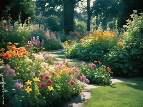 colorful blooms in a shady flower garden, delicate markings, sunrays shine upon flower garden, softly luminous photo