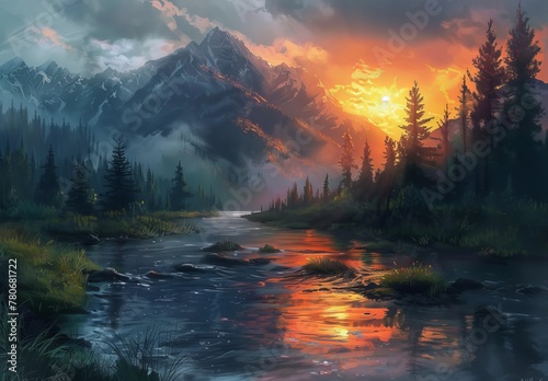 Tranquil scenes inspired by nature  featuring elements like flowing rivers  lush forests  majestic mountains  and serene sunsets