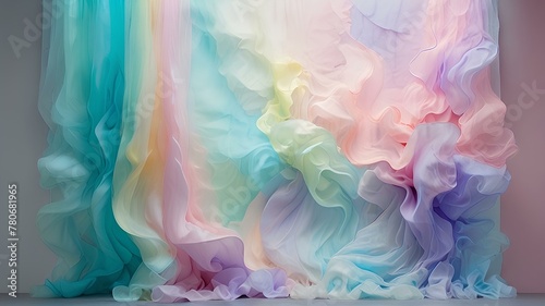 A visually stunning abstract wall adorned with a vibrant tulle fabric in a pastell Rainbow light colors creatively folds & flowing on the polish floor creating a sense of calmness and elegance