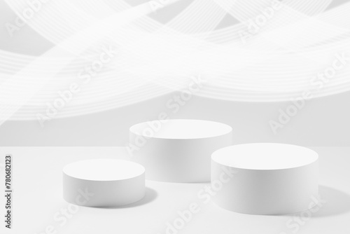 Set of three round white pedestals for cosmetic products mockup, striped neon glowing lines on white background. Stage for presentation skin care products, gifts, advertising in vapor wave style.