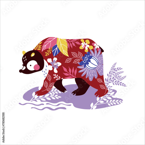 Cute cartoon bear with floral pattern. Can be used for kids clothes design, prints and posters.