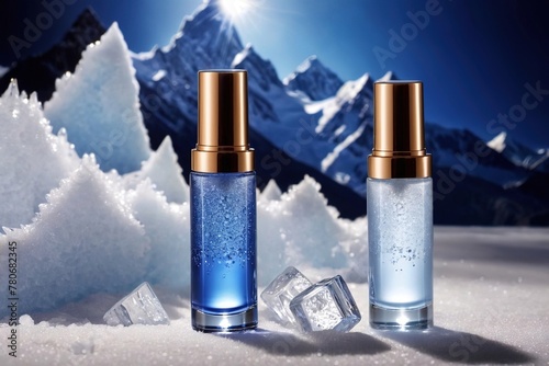 Product packaging mockup photo of Serum or cosmetics with a simple  elegant design White and blue tones There are ice crystals and snow mountains.  studio advertising photoshoot