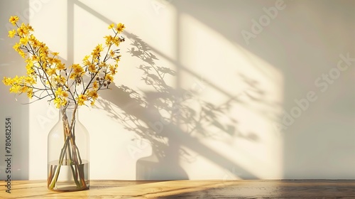 home interior with yellow flowers in a vase on a light background for product display