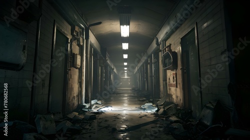 Eerie Corridor in Abandoned Building. Concept Abandoned Building, Eerie Corridor, Urban Decay, Creepy Atmosphere