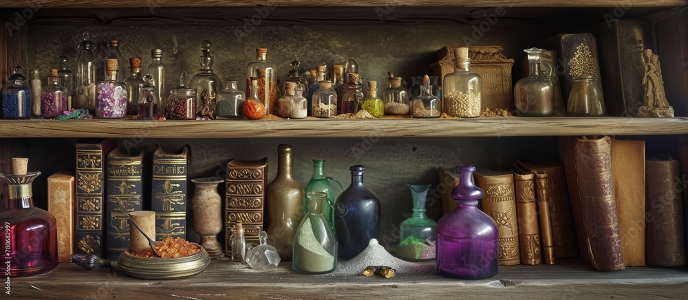 Illustration of occult magic magazine and shelf with various potions, bottles, poisons, crystals, salt. Alchemical medicine concept
Illustration of occult magic magazine and shelf with various potions, bottles, poisons, crystals, salt. Alchemical medicine concept