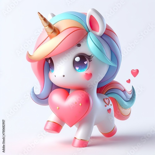 3D, cute, colorful unicorn for valentines day, white background