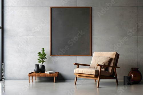 Modern living room design with wooden furniture and vacant poster frame on textured concrete wall.